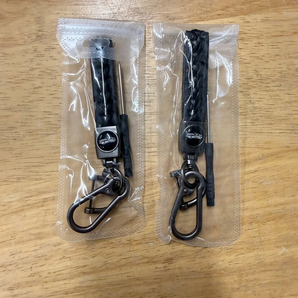 Set of 2 Black‎ Braided Faux Leather Anti-Lost Car Keychain Set Key Ring Lanyar